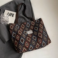 Borsa a secchiello vintage in tela jacquard marrone con motivi geometrici a rombi - Nero Grande Con Fodera Cerniera Senza Tasca Interna