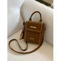 Brown leopard pattern square crossbody bag with gold hardware and beaded charm - Brown With Beaded Charm