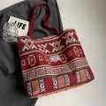 Ethnic geometric pattern canvas bucket bag with burgundy straps and woven logo patch - Large / Zipper Style / Red
