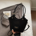 Minimalist black bucket bag in matte finish with detachable strap and top handle - Black without Pendant