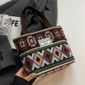 Ethnic geometric canvas bucket bag with orange and blue patterns and brown handles - Small / Open Top / Brown