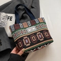 Borsa a secchiello in tela stile etnico con motivi geometrici vivaci e manici blu - Blu Piccolo Con Fodera Senza Cerniera Con Tasca Interna