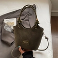 Olive green bucket bag in suede texture with top handle and golden hardware - Green Without Pendant