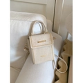Elegant beige minimalist square crossbody bag with gold studs and a top handle - White Without Pendant