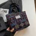 Ethnic geometric jacquard canvas bucket bag with multicolor patterns and blue handles - Small / Open Top / Dark Blue