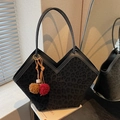 Large capacity black leopard print tote bag with plush charm and V-shaped top design - Black With Plush Ball Charm