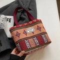 Ethnic style woven canvas bucket bag with colorful geometric patterns and fabric handle - Small / Open Top / Red