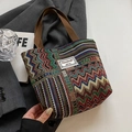 Ethnic style woven canvas bucket bag with multicolor zigzag patterns and cotton handles - Small / Open Top / Coffee