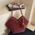 Leopard embossed tote bag in wine red with plush pompom charm and V-cut design - Burgundy With Colorblock Plush Ball