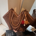Dark brown leopard print tote bag with V-cut design and stylish plush ball pendant - Coffee With Plush Ball Charm