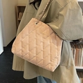 Beige quilted tote bag with diamond pattern and gold chain strap shown on shoulder - Khaki (Without Pendant)