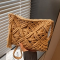 Handmade camel macramé shoulder bag with fringe tassel for summer beach vacations - Khaki