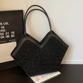 Large black leopard print tote bag with soft texture and chic V-shaped top design - Black without Pendant