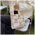 Linen tote bag with vintage Teddy Bear print and wood button closure detail - Off White