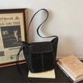 Retro black leopard bucket bag with matte texture and white contrast stitching - Black without Pendant
