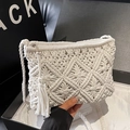 Handmade woven white straw crossbody bag with stylish tassel and diamond pattern - Off White