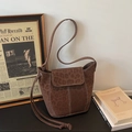 Vintage brown leopard print bucket bag with suede texture and contrast stitching details - Coffee No Charm