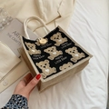 Piccola borsa tote in iuta con stampa di orsetti e manici in corda di cotone bianco - Nero