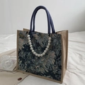 Bolso tote de jacquard floral con lino y detalle de cadena de perlas decorativas - Azul Grande