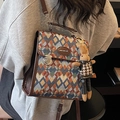 Mochila vintage con diseño geométrico de diamantes y adorable colgante de conejo - Azul (Con Colgante de Conejo)