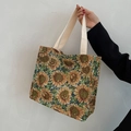 Borsa tote in tela intrecciata con motivo girasole e manici crema in stile vintage - Verde / Grande