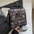Retro multi-color geometric quilted backpack with brown leather straps and silver buckle - Blue (Without Charm)