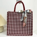 Red and white houndstooth tweed tote bag with woven handles and a silk scarf bow detail - Red With Pink Scarf
