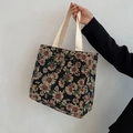 Borsa tote in tela retrò a fiori con manici crema e motivi floreali vintage - Nero / Grande