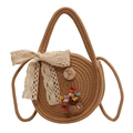 Ronde strooien tas in kaki met kanten bloemenstrik en hartvormige patch - Khaki (Met Bloemenlint)