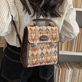 Retro plaid woven crossbody bag in green and orange tones with brown faux leather strap - Khaki (Without Charm)