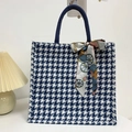 Blue and white houndstooth canvas tote bag with silk scarf and woven handles - Blue With Pink Scarf