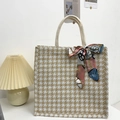 Brown houndstooth tote bag with silk scarf handle detail and rope straps - Khaki With Pink Scarf