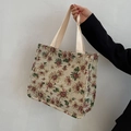 Borsa tote in tela con motivo floreale vintage e manici in fettuccia beige larghi - Bianco Sporco / Grande