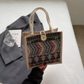 Ethnic style burlap handbag with colorful geometric pattern and rope handles - Black Button Style Without Charm