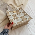 Borsa tote in lino con stampa di orsetto, bottone giallo e manici in corda - Bianco