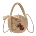 Beige round woven straw crossbody bag with lace bow and floral charm accents - White With Red (Scarf Ribbon)