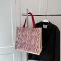 Borsa tote in lino con strisce zebra rosse e grigie e manici in corda rossa - Rosso