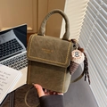 Olive green vintage crossbody bag with gold studs and cute plush pendant accessory - Green With Ice Cream Pendant