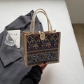 Ethnic bohemian woven tote bag in navy blue with floral patterns and rope handles - Blue Button Style Without Pendant