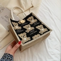 Borsa in lino con orsetti, design patchwork in juta color crema e tessuto nero - Nero