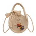 Creamy white round woven straw bag with lace bow and colorful flower charms - White With Blue (Scarf Ribbon)