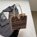 Ethnic style woven linen tote bag with jacquard patterns and round wooden button - Brown Button Style Without Charm