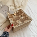Borsa tote in lino con stampa orso cartone animato e manici in corda cotone - Marrone