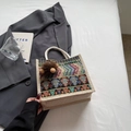 Ethnic style burlap tote bag with colorful geometric patterns and decorative pompom - Black Zipper Style With Brown Elf Charm