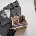 Ethnic style woven tote bag with bohemian colorful patterns and brown pompom charm - Red Zipper Style With Brown Elf Charm