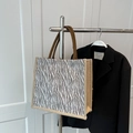 Large capacity zebra print canvas tote bag with khaki linen handles for stylish women - Brown
