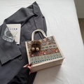 Ethnic bohemian woven lunch bag with colorful patterns and brown pompom charm - Brown Zipper Style With Brown Elf Charm