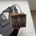 Ethnic jute tote bag with geometric woven patterns and sturdy thick cotton rope handles - Black Zipper Style Without Charm