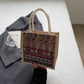 Ethnic woven tote bag with tribal geometric patterns and white rope handles - Red Zipper Style Without Charm