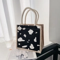 Cute cartoon cow print canvas lunch tote bag with woven handles and linen edges - Black Cow Pattern With Zipper